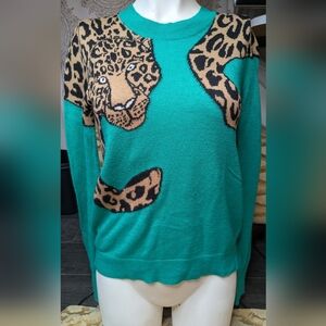 BCBG MAXAZRIA Woman's Sz S Jaxin Emerald Green Leopard Cheetah Print Sweater